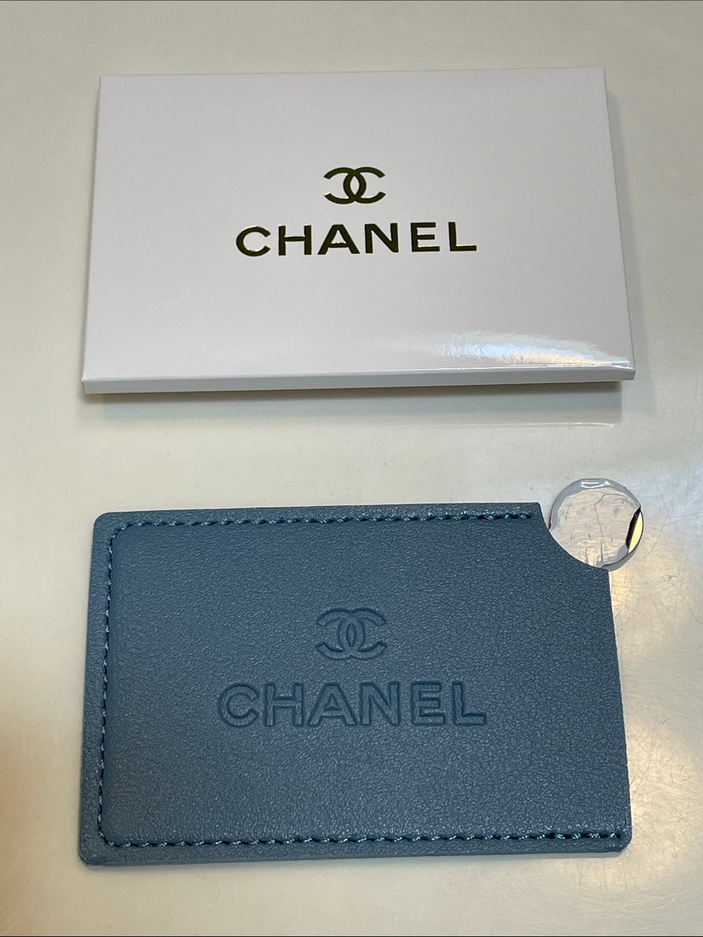 NEW CHANEL Beauty Vegan Leather Blue Embossed Case Card Holder with Mirror